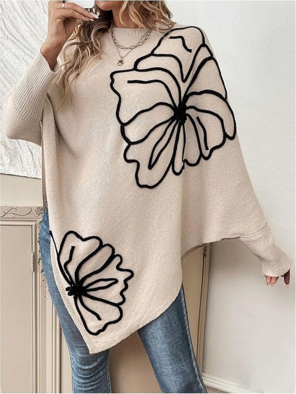 Source Unknown Beige Poncho with Black Floral Design
